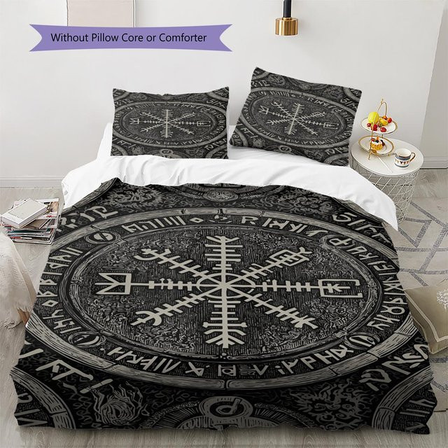 Bettwäsche Set mit Wikinger Symbol Muster in Schwarz, bestehend aus 1 Bettbezug und 2 Kissenbezügen, B/H: 155 x 200 cm - Bild 1