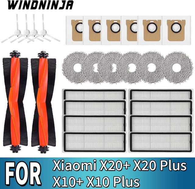 WINDNINJA Zubehör-Set für Xiaomi Roboter Vakuum X20, X10, X20 Plus und X10 Plus mit HEPA-Filtern, Rollbürsten, Seitenbürsten, Mopp-Tüchern und Staubbeuteln - Bild 1