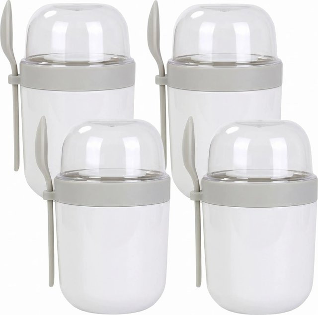 Relaxdays Müslibecher Set aus Kunststoff in Weiß, auslaufsicher mit Löffel, 4er Set, Höhe: 9,5 cm, Breite: 16 cm, Tiefe: 11 cm - Bild 1