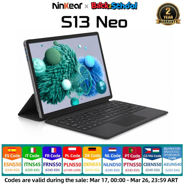 Ninkear S13 Neo 2-in-1 Tablet PC mit 13 Zoll 3K IPS Touchscreen, Intel N150, 12GB LPDDR5, 512GB SSD, Windows 11, Grau, inklusive abnehmbarem Magnettastatur und Stylus - Bild 1