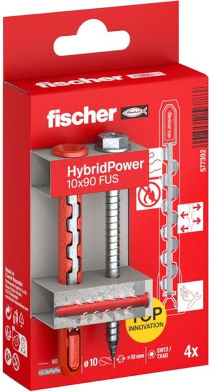 Fischer HybridPower Universal Dübel FUS K aus Nylon und Stahl, Durchmesser: 10 mm, Länge: 90 mm, 4 Stück - Bild 2