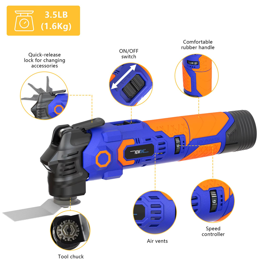 NEWONE 12V Multifunktionswerkzeug mit 6-Gang-Einstellung und LED-Licht in Blau - Bild 4