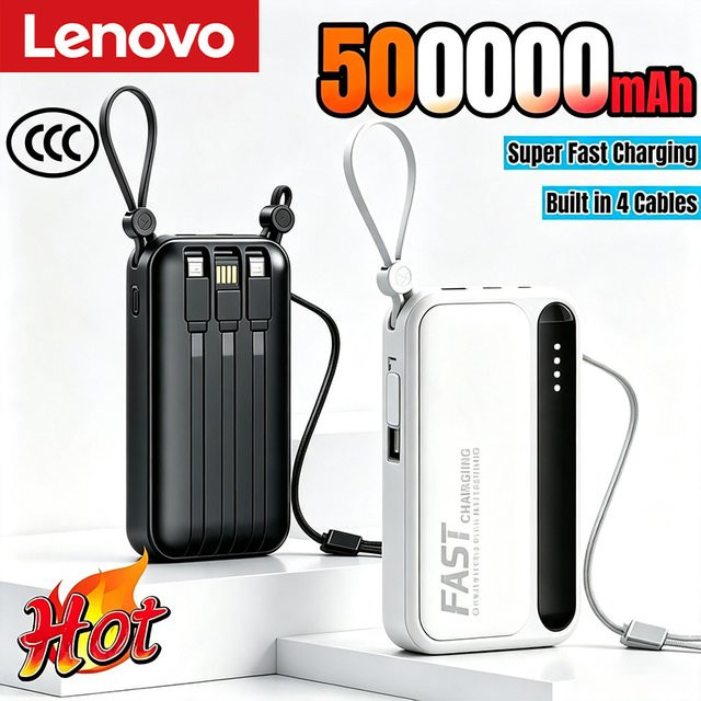 Lenovo Powerbank mit 10000 mAh und integrierten 4 Kabeln in Schwarz - Bild 1