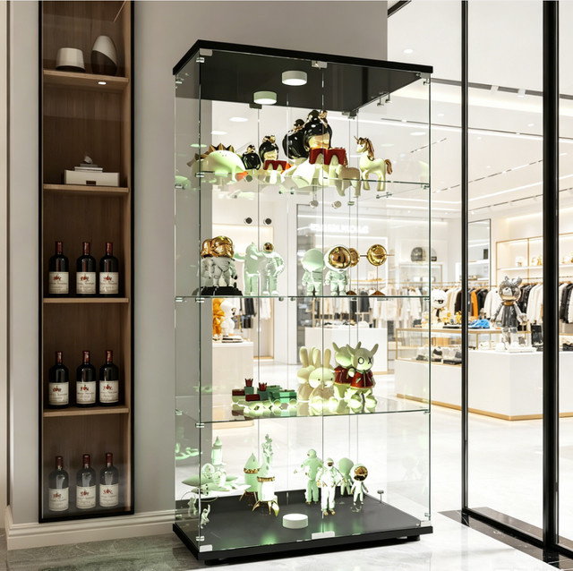 Rosahqnda LED-Glasvitrine mit 4 Ebenen und Glastüren, moderne Standvitrine für Wohnzimmer, Schlafzimmer oder Eingangsbereich in Weiß oder Schwarz - Bild 1
