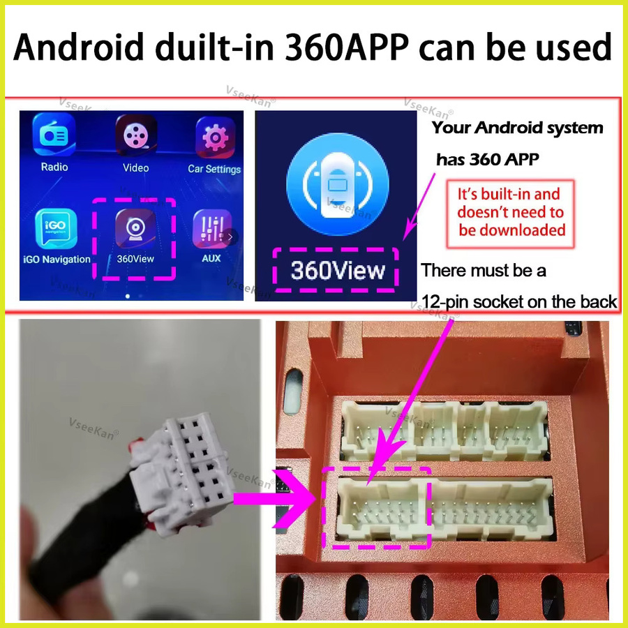 WDR 360-Kamera für Android Multimedia mit 360 Grad Panoramiksystem, 8K Super HD 3D AHD1080P 720P Golden Fischauge, Schwarz, VseeKan - Bild 4