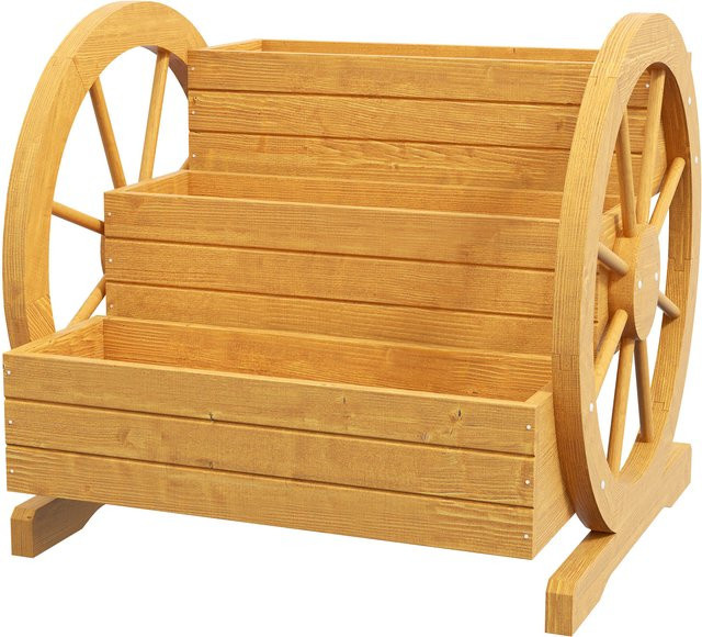 Outsunny Blumenkasten mit Wagenrad aus Tannenholz in Teak, 3 Etagen, wetterbeständig und wasserabweisend, Farbe: Braun, B/T/H: 61 x 62 x 57 cm - Bild 1