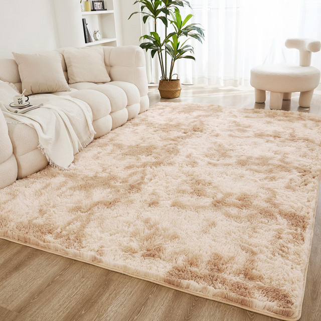 VIKAMA Batik-Shaggy-Teppich in Beige, moderner Plüschteppich mit abstraktem Design und rutschfester Unterseite für Wohnzimmer, Schlafzimmer oder Kinderzimmer - Bild 1