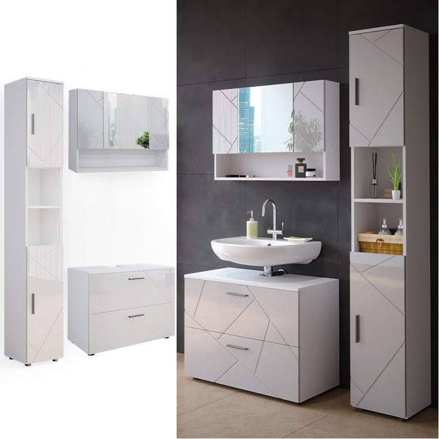Vicco Badmöbelset Irma in Weiß Hochglanz, modernes 3-teiliges Badezimmer-Set mit Spiegelschrank und Waschtischunterschrank, Breite: 80 cm - Bild 1
