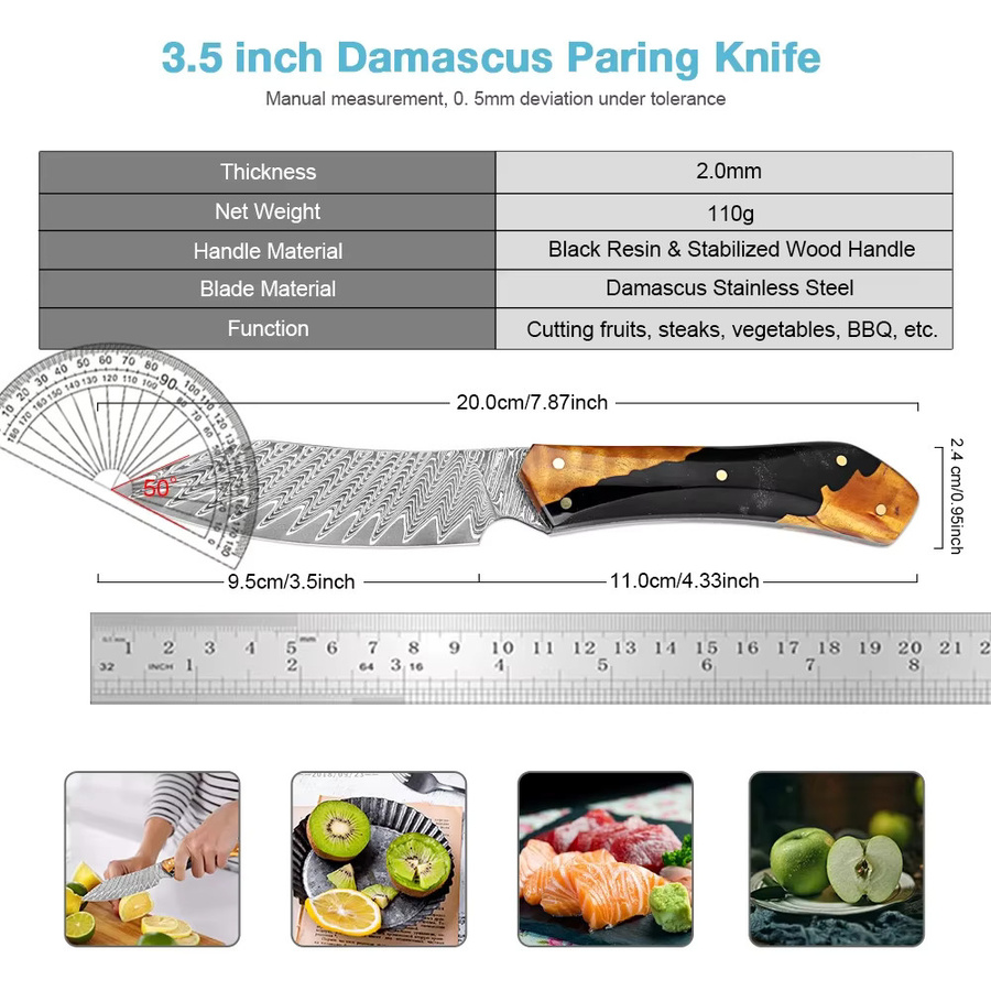 Xituo Damaststahl Schälmesser mit schwarzem Holzgriff, Japanisches Allzweckmesser für Obst, Klingenlänge: 8,9 cm - Bild 2
