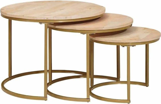 vidaXL Nesting-Couchtische 3-teilig aus Mango-Massivholz und Stahl in Weiß, rund im Industrial-Design - Bild 1