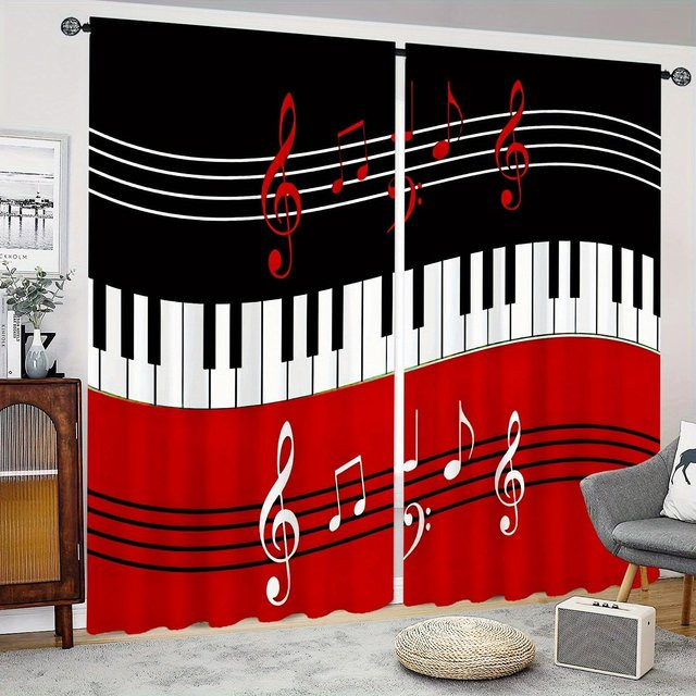 2er-Set Vorhänge mit Musiknoten-Print von Yiran Furniture, Schwarz, B/H: 50 x 130 cm - Bild 1