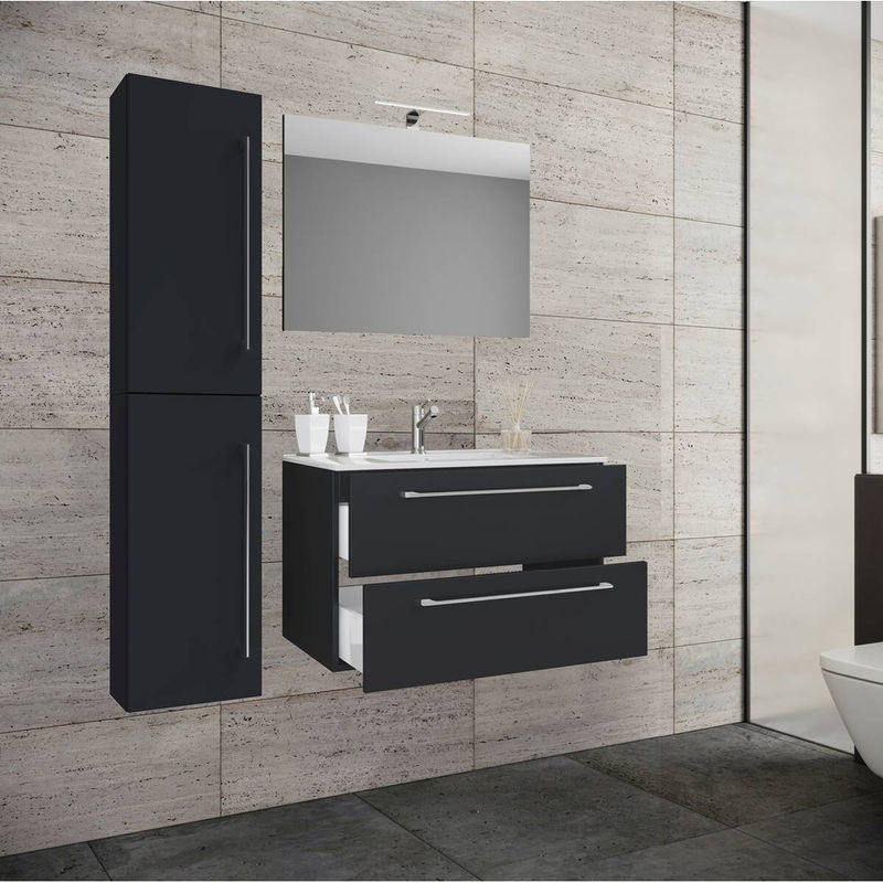 VCM Badinos 4-tlg. Badmöbel Set in Schwarz Matt mit Keramik-Waschtisch, Unterschrank, Hochschrank und Spiegel, B/H/T: 81 x 151 x 46 cm - Bild 4