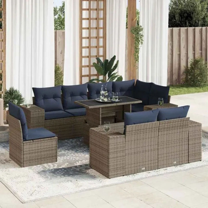 9-tlg. Garten-Sofagarnitur mit Kissen aus Polyrattan und Akazie in Grau von vidaxl - Bild 1