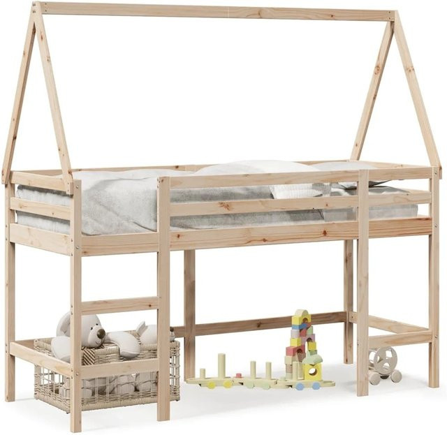 vidaXL Hochbett für Kinder mit Leiter und Dach aus Kiefernholz in Braun, B/T/H: 200 x 80 x 113,5 cm - Bild 1