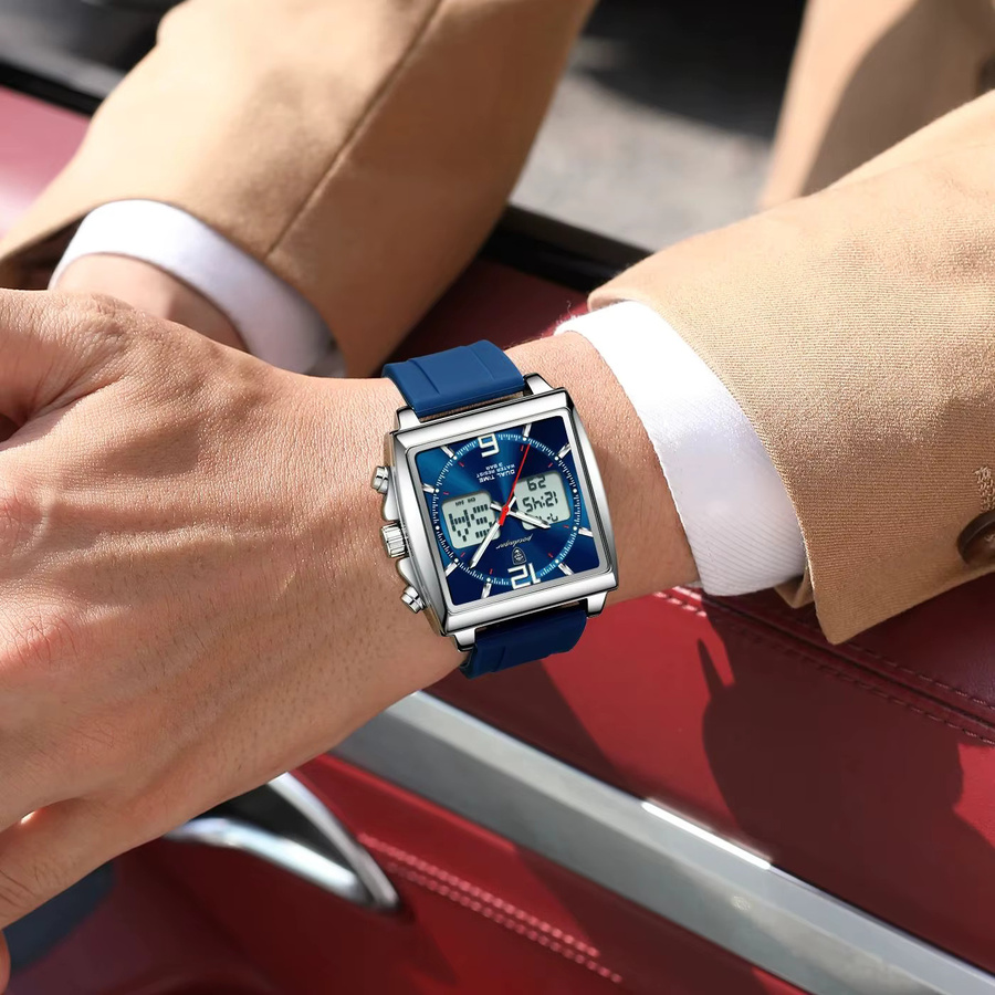 POEDAGAR Herren Armbanduhr, Quarz, Digitaluhr, eckig, Silber, Silikon - Bild 6