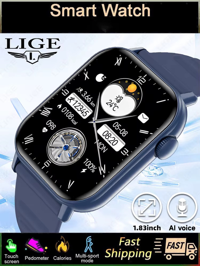 LIGE Smartwatch, 1,83 Zoll, Blau, Silikon, Herren - Bild 7