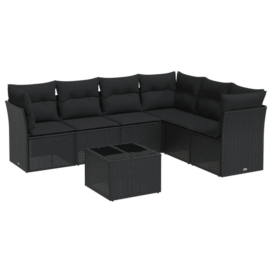 vidaXL 7-tlg. Garten-Sofagarnitur in U-Form aus Poly-Rattan mit Tisch und Kissen, Schwarz - Bild 2