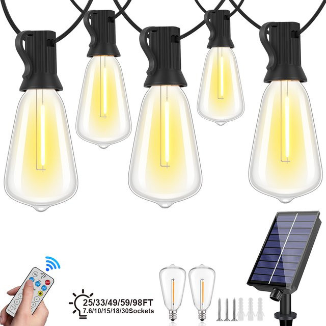 Grensk ST38 LED Solar-Lichterkette mit Tropfenform, dimmbar, warmweiß, transparent, inklusive Fernbedienung und bruchsicherer Ausführung für den Außenbereich - Bild 1