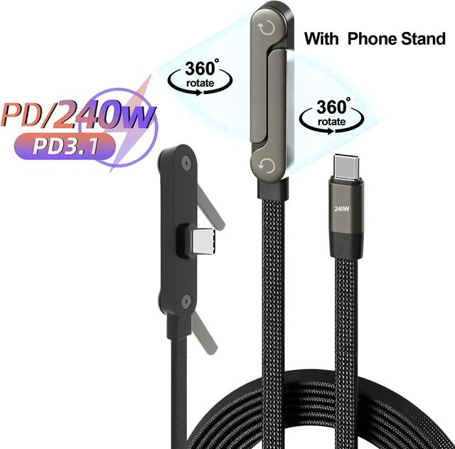 Fireurus 2-in-1 Schnelllade-Datenkabel mit Klappständer und Telefonhalter, Typ C auf USB-A, geflochten, Schwarz, 240 W - Bild 1