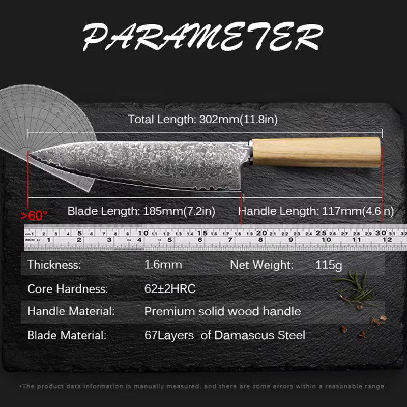 WXCOO Japanisches Damaststahl Küchenmesser, geschmiedetes Fleischbeil und Sashimi-Messer in Silber mit Holzgriff - Bild 5