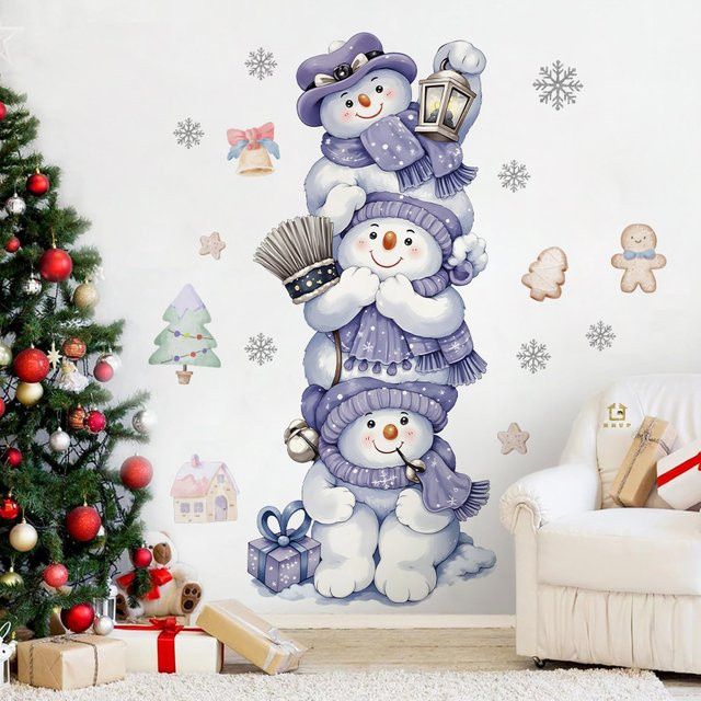 BRUP Wandaufkleber Schneemänner mit lila Hüten für Weihnachtsdekoration aus PVC - Bild 1