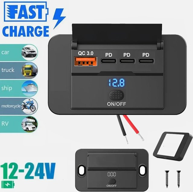 Kankeirr Autoladegerät mit 4 Ports und Schalter, 12V 24V PD QC3.0 Schnelllade-Adapter in Schwarz für Bus, LKW, Boot und Wohnmobil - Bild 1