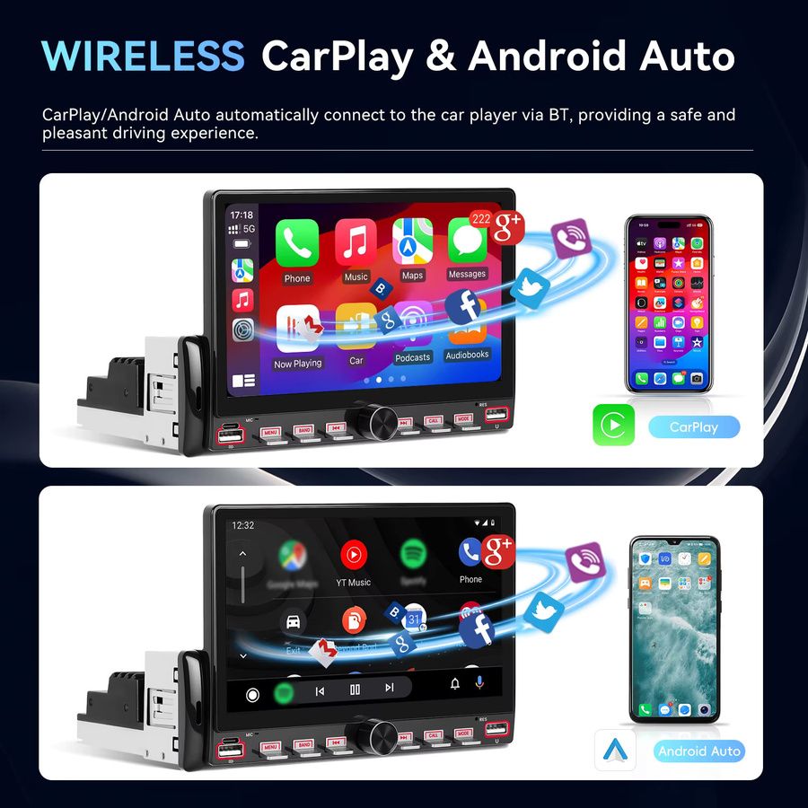 Camecho Android 1 Din Autoradio mit 7 Zoll HD IPS Bildschirm, kabelloses Carplay und Android Auto, GPS, Bluetooth, WIFI und FM/RDS in Schwarz - Bild 2