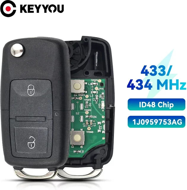 KEYYOU 2er Set Flip Remote Key Fob mit ID48 Chip für VW Beetle Bora Golf Passat Polo Transporter T5, Farbe: Schwarz - Bild 1