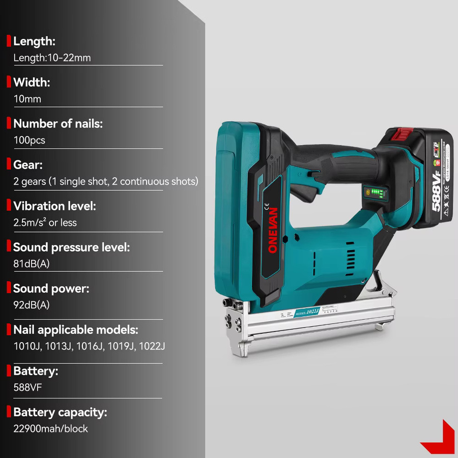 ONEVAN Bürstenloser Elektrischer Akku-Nagler für 10-22mm Brad Nails, 2-Gang Nagelpistole kompatibel mit Makita 18V Akku für Möbelrenovierung und Holzbearbeitung - Bild 3
