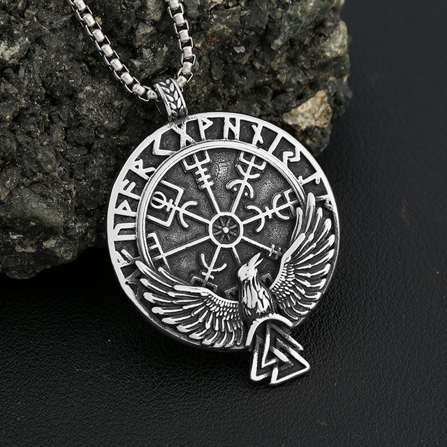 NORTHMAN Halskette, Kompass Rune Anhänger, Edelstahl, Silber, Unisex, Vintage - Bild 1