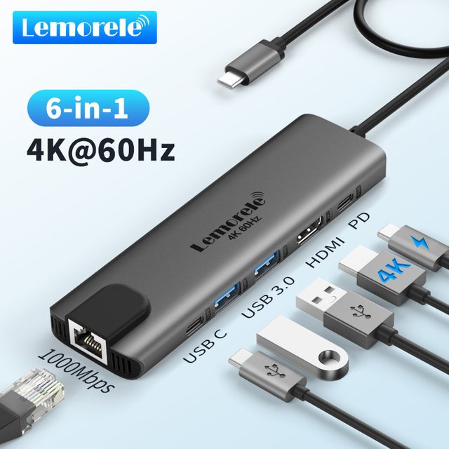 Lemorele TC44 6-in-1 USB-C Docking Station mit PD 100W, HDMI 4K @ 60Hz und USB 3.0, grau - Bild 1