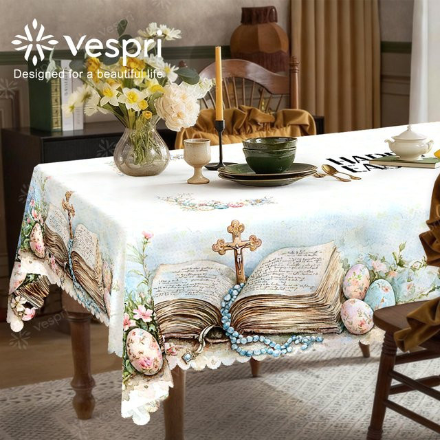 Vespri Oster-Tischdecke aus Polyester in Weiß und Blau, rund mit floralem Design - Bild 1