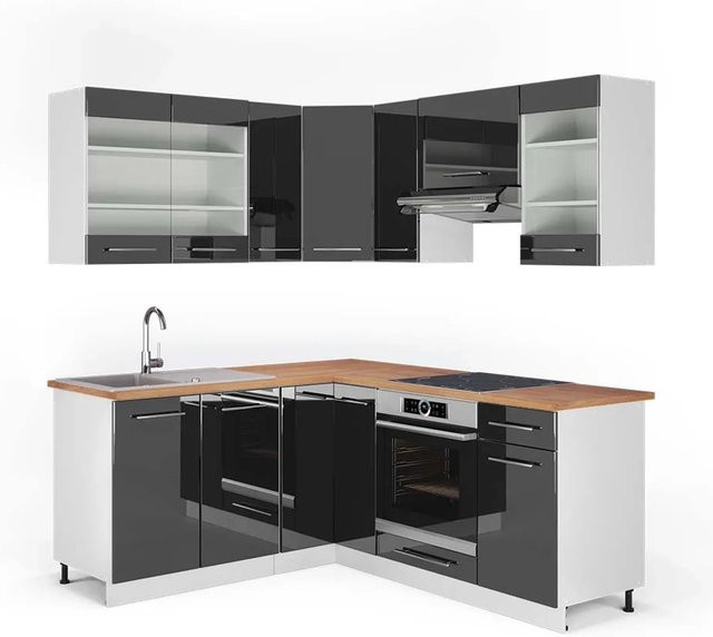 Vicco Fame-Line Eckküche in Anthrazit Hochglanz und Weiß mit Eiche-Optik, B/T/H: 160 x 190 cm - Bild 1
