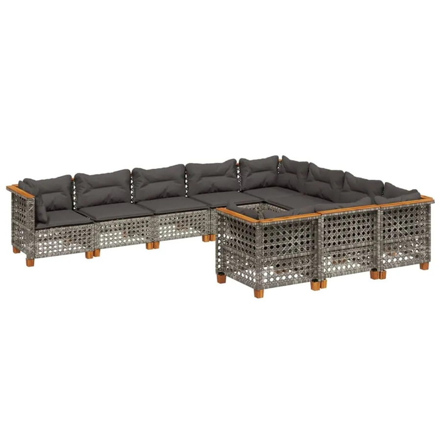 vidaXL 10-tlg Garten-Sofagarnitur in U-Form aus Polyrattan und Akazienholz in Grau mit Kissen - Bild 2
