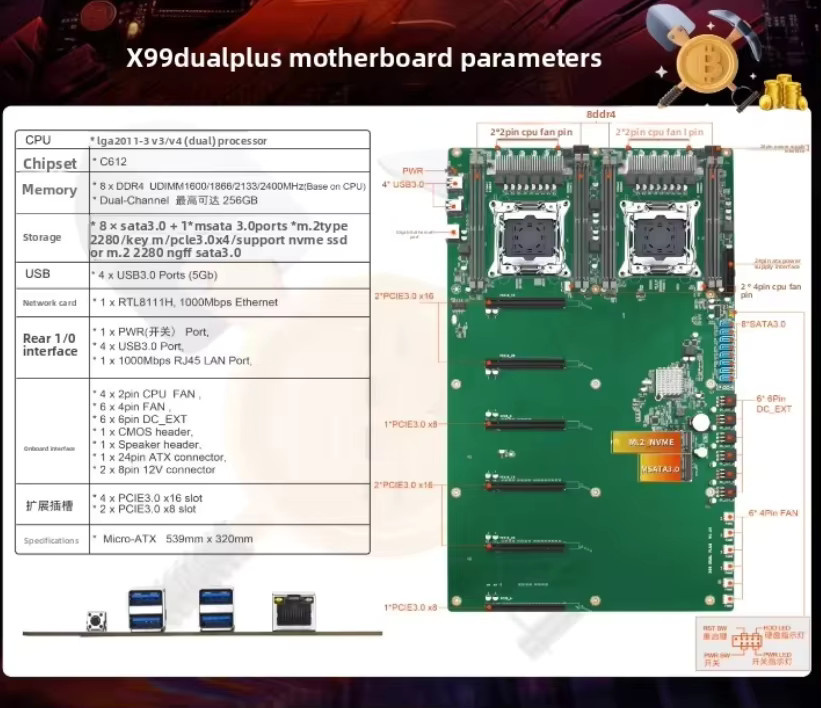 X99 Dual-Socket PLUS Motherboard mit LGA2011-3 Sockel, DDR4 Speicher und 6 PCIe Grafikkartensteckplätzen in Grün - Bild 5