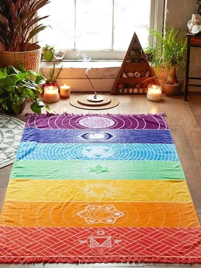 Bohemia India Mandala-Decke aus Baumwolle mit 7 Chakra und Regenbogenstreifen in Multicolor von MINIDEAL - Bild 4