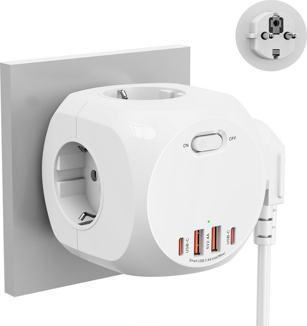 HITRENDS EU-Steckdosenleisten-Würfel in Weiß mit 4 AC-Steckdosen, 2 USB-A und 2 USB-C Anschlüssen - Bild 1