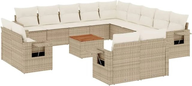 vidaXL 14-teilige Garten-Sofagarnitur in L-Form aus Polyrattan und Akazienholz mit Kissen in Beige und Cremeweiß - Bild 1