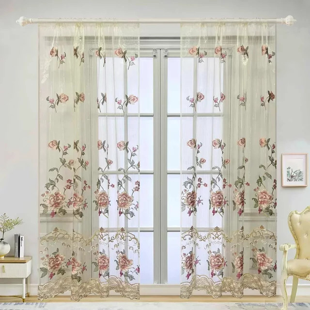 AiFish Luxus-Vorhang mit Blumenmuster und Goldfaden, Transparent, Farbe: Gold/Mehrfarbig, Höhe: 230 cm, Breite: 100 cm - Bild 1