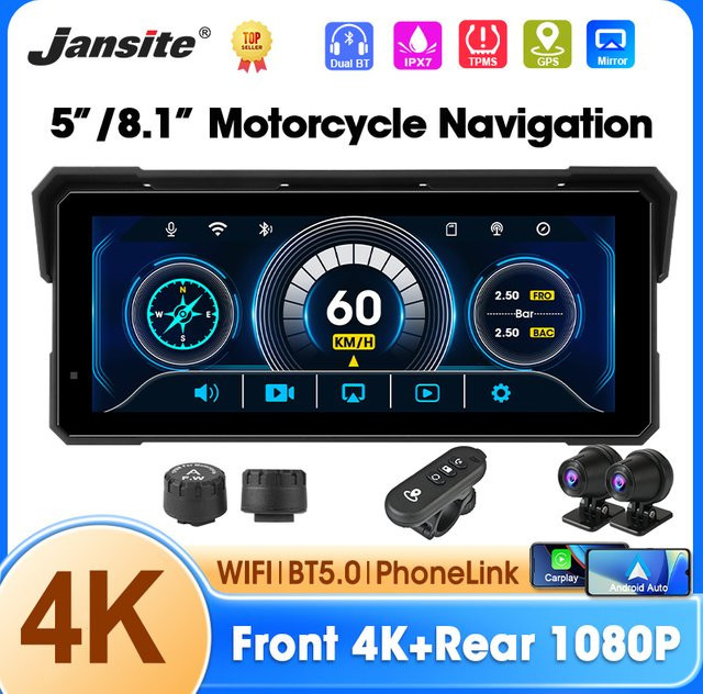 Jansite Motorrad Carplay GPS Navigation mit 5,81 Zoll Display, Drahtlos Android Auto, IPX7 Wasserdicht und Dual Objektiv DVR in Schwarz - Bild 1