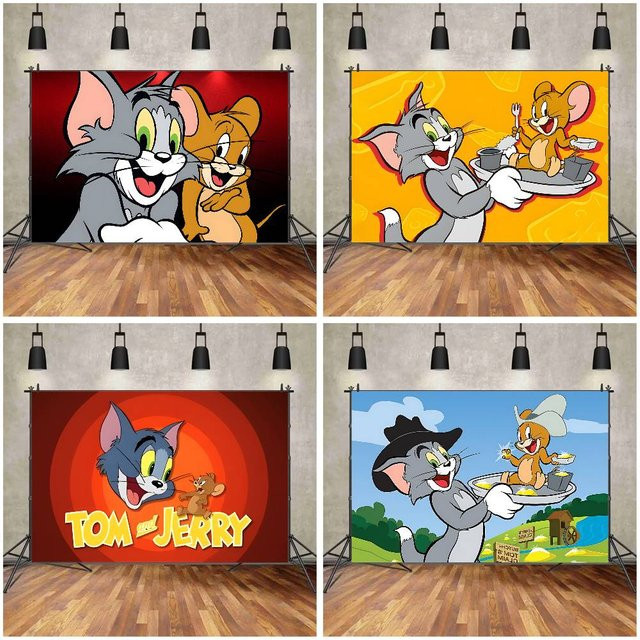 52TOYS Tom und Jerry Fotografie-Hintergrund mit Cartoon-Motiv für Geburtstagsparty-Dekorationen, Mehrfarbig, B: 120 cm, H: 70 cm - Bild 1