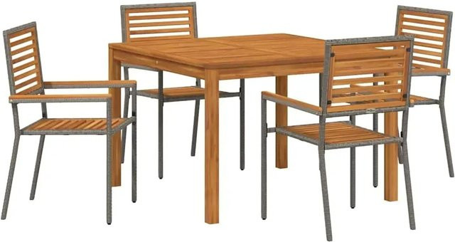 vidaXL Garten Essgruppe 5-teilig aus Poly Rattan und Akazienholz in Grau, Tisch und 4 Stühle für Garten und Terrasse, B/T/H: 110 x 75 x 75 cm - Bild 1