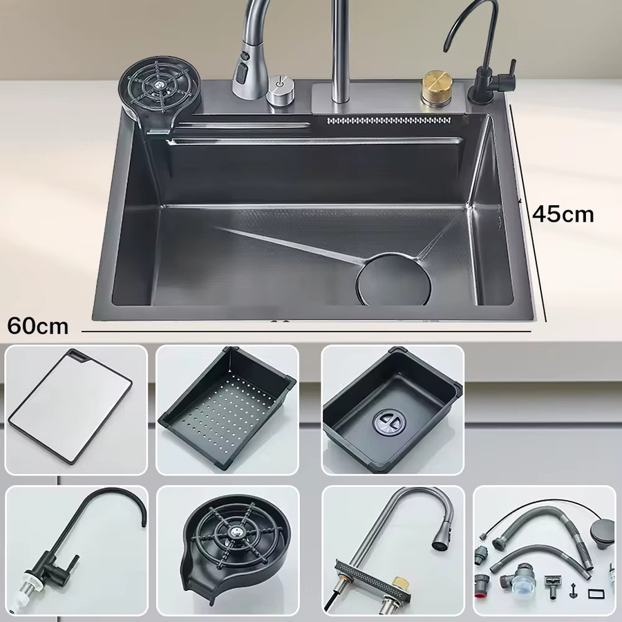 DWiusty Wasserfall-Küchenspüle aus Edelstahl 304 in Silber oder Schwarz mit Digitalanzeige, Seifenspender und Tassenwascher - Bild 7