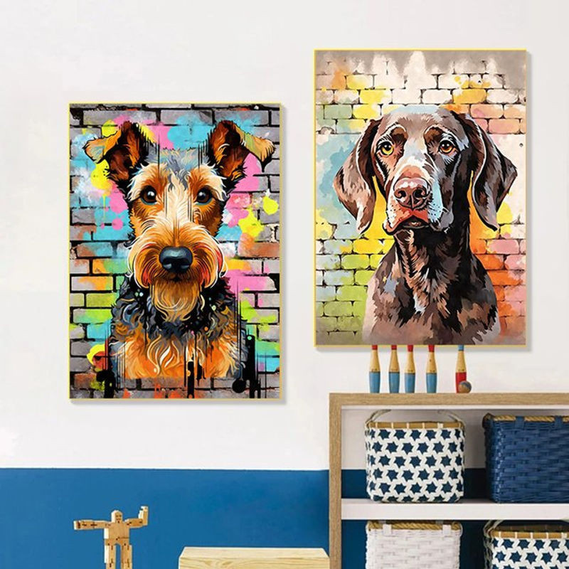 Potdemiel Graffiti Hunde Wandkunst Leinwandgemälde mit Mops, Dackel und Malteser in Mehrfarbig - Bild 1