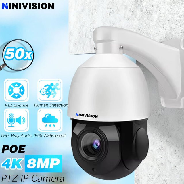 NINIVISION 4K HD PTZ Speed Dome IP Kamera mit 50x optischem Zoom, AI Menschliche Erkennung und POE, Weiß - Bild 1