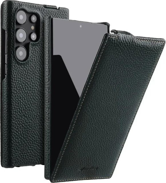 Melkco Premium Rindsleder Handyhülle für Samsung Galaxy S26 Ultra und S26 Plus 5G mit kabellosem Laden, vertikaler Flip-Case, grün - Bild 1