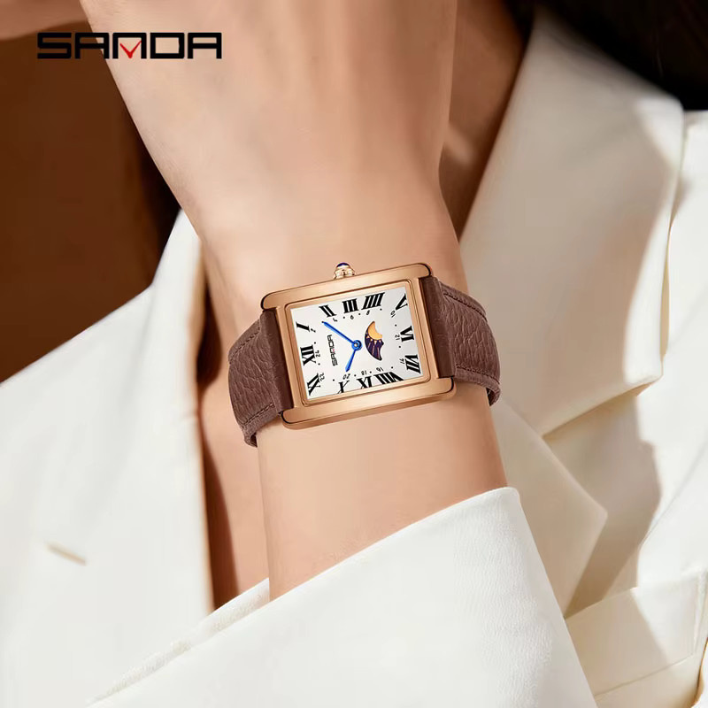 SANDA Armbanduhr, Quarz, Lederarmband, Mondphase, Schwarz, Damen - Bild 3