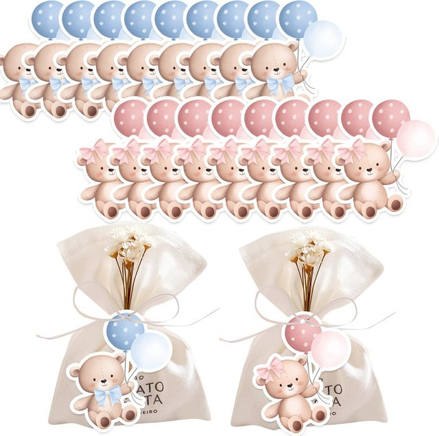 50 Stück Tissy Hängeetiketten mit Cartoon-Bär und Ballon in Pink und Multicolour für Babyparty und Kindergeburtstag - Bild 1