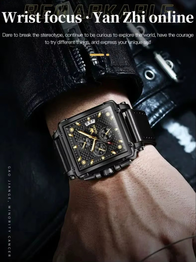 OLEVS Armbanduhr, Quarz, Edelstahl, Leder, Schwarz, Gold, Herren - Bild 5