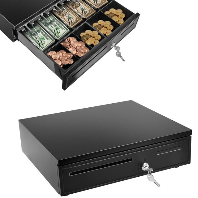 Kassenschublade aus Metall in Schwarz mit 5 Fächern für Scheine und 5 Fächern für Münzen, automatische und manuelle Öffnung mit Schlüsselschloss und RJ11-Anschluss - Bild 1